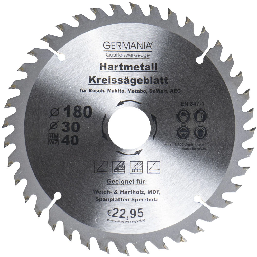 GERMANIA HM Kreissägeblatt Ø 180mm, 40 Zähne Für Holz 3 GERMANIA HM Kreissägeblatt Ø 180mm, 40 Zähne Für Holz